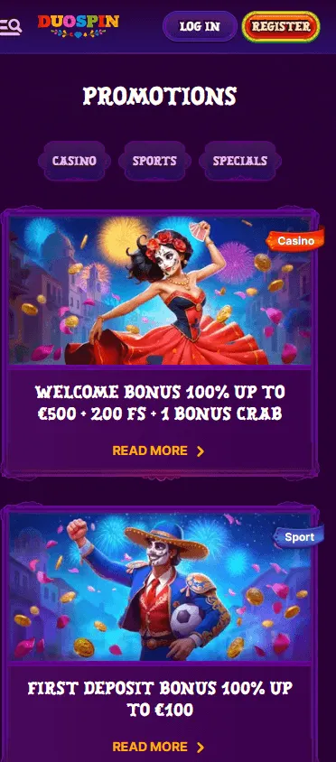 Duospin Casino mobile promotions area on a phone