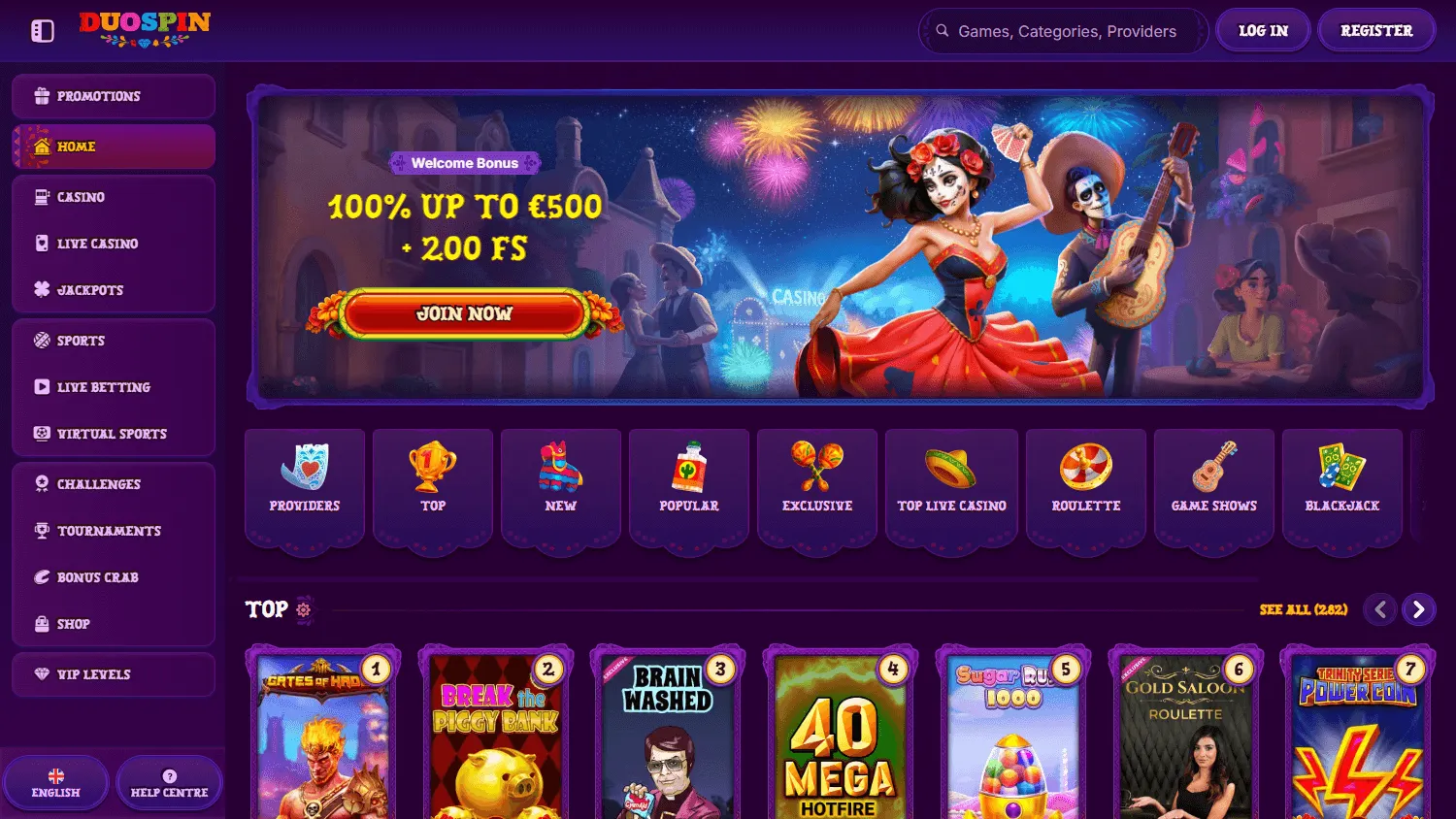 Duospin Casino desktop home interface