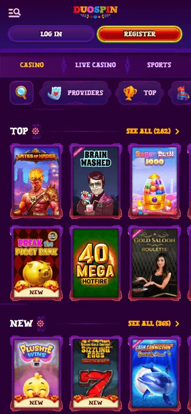 Duospin Casino mobile games lobby on a phone