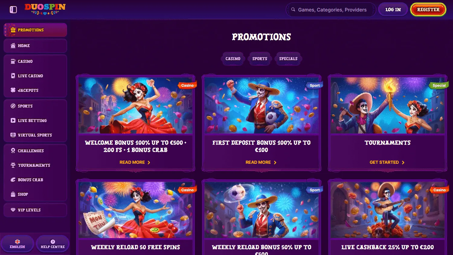 Duospin Casino desktop promotions area