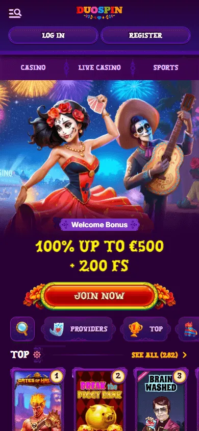Duospin Casino mobile home interface on a phone